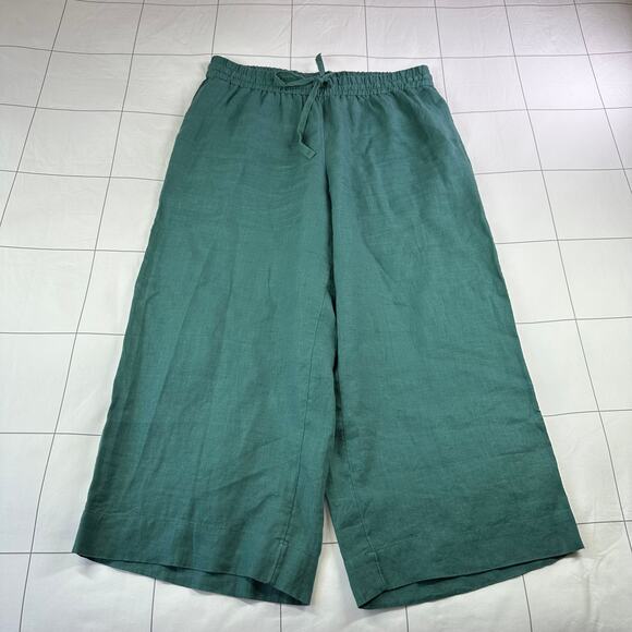 JCrew Pants Womens Large Green Spruce Seaside Wide Leg Linen Relaxed Drawstring - Picture 2 of 11